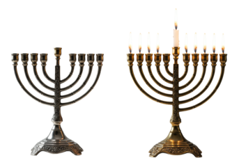 stunning sequential still-life of four ornate silver and brass hanukkah menorahs, lit by dramatic studio chiaroscuro lighting on a stark white background. concept of jewish tradition and celebration
