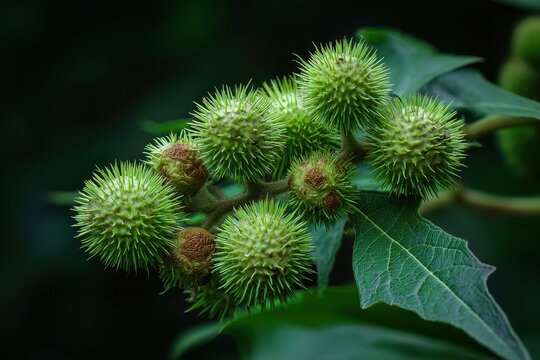 Close-Up of Rough Cocklebur Seeds and Leaves: Nature's Green Detail of Xanthium Strumarium
