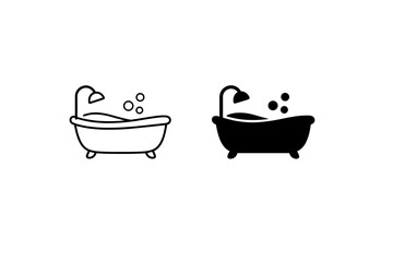 Simple line art and solid silhouette icons of a bathtub with bubbles