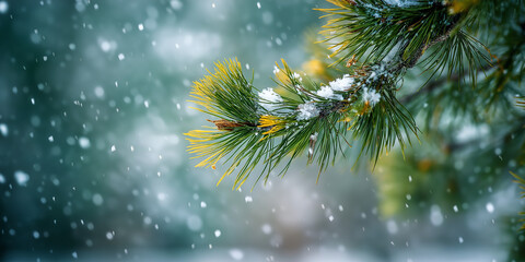 frosty pine tree branches with snowflakes falling in a winter background banner.