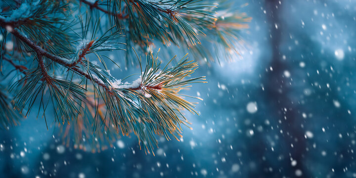 frosty pine tree branches with snowflakes falling in a winter background banner. - Powered by Adobe