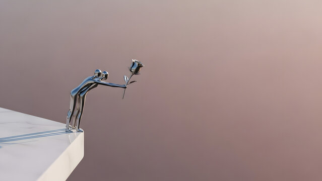 3D chrome figures giving metal rose minimalist love concept with copy space background