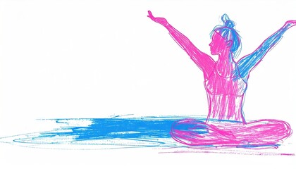 Scribbled doodle line drawing of woman practicing yoga 