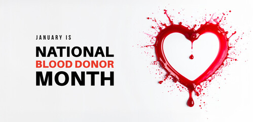 January Blood Donation Awareness Banner Featuring Heart-Shaped Blood Splash Against White Background
