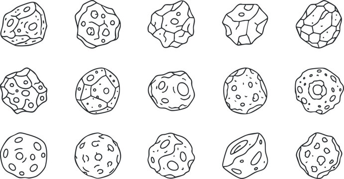 Outline vector illustration of various asteroid shapes, ideal for educational materials, space-themed designs, or scientific projects.