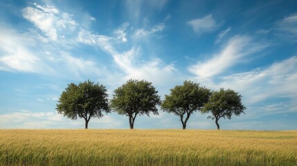 Obraz premium Trees in the middle of a green field at dawn generative ai