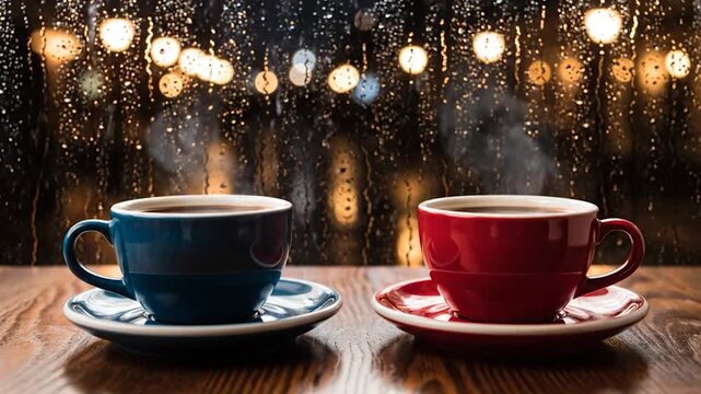 Two steaming coffee cups on a wooden table with blurred lights and raindrops in background