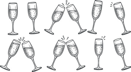 Outline vector illustration set of champagne glasses for celebration, toasting, and festive events design