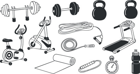 Vector illustration featuring various gym equipment including kettlebells, dumbbells, a treadmill, and exercise bikes for fitness design projects.