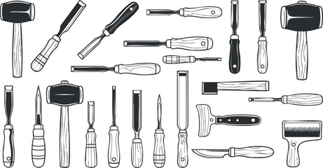 Detailed black and white vector illustration showcasing a collection of various hand tools for woodworking and craftsmanship