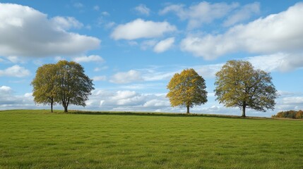Fototapeta premium Trees in the middle of a green field at dawn generative ai