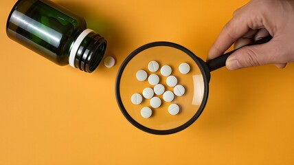 Close-up of hand examining white pills with magnifying glass