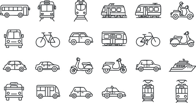 Line art vector icon set featuring various transportation modes including buses, cars, bicycles, and boats for urban mobility design