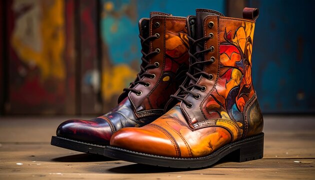 Two stylish, leather boots with intricate, colorful artwork, displayed on wooden surface. - Powered by Adobe