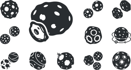 Playful black and white vector illustration featuring various celestial bodies like planets, moons, and asteroids for creative design projects.