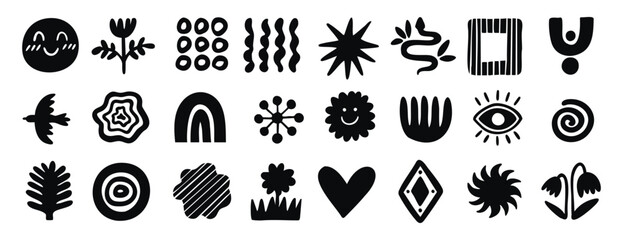 Fototapeta premium Boho organic shapes with floral, bird and eye motifs and flowing lines. Monochrome line art, hand drawn.