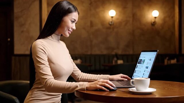 Woman smiles while working on laptop in a cafe with coffee.  Brown decor, two sconces