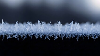 Frost feather crystalline branching patterns on black glass surface in macro close‑up abstract texture design