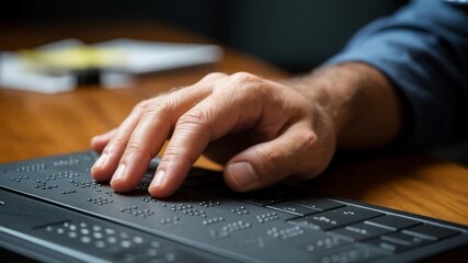 A close-up of a hand using a Braille keyboard on a wooden surface.