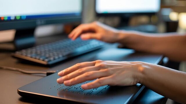 A hand using a braille display while working at a computer desk.