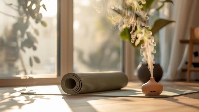 A serene yoga space featuring a rolled mat and a diffuser releasing aromatic steam.
