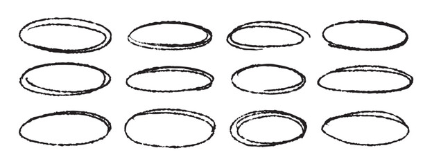 Monochrome ellipses and bubbles to encircle and highlight text. Hand drawn marker ovals set, outline and line art, isolated on monochrome. set, line art, outline, doodle hand.