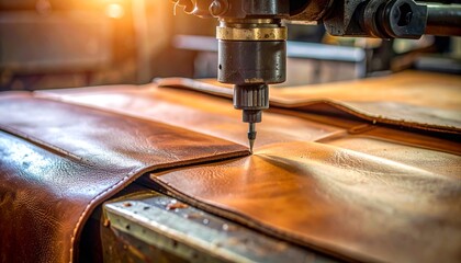 Close-up of a machine precisely cutting into a piece of brown leather, crafting a product.