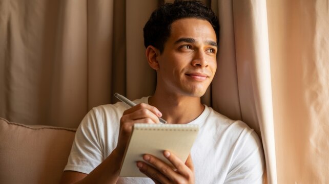 A young man sits thoughtfully by a window, holding a notebook and pen, appearing inspired and contemplative.