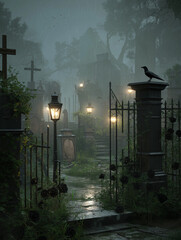 AI generator images of cemetery shows statues of crows perched on top of pillars and tombstones, in the gloomy, rainy weather, creating a chilling and eerie 