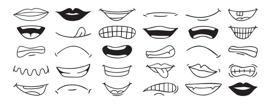 Mouth smiles expressions set collection doodle hand drawn icon. Outline mouth drawing mouth tongue line clipart symbol.