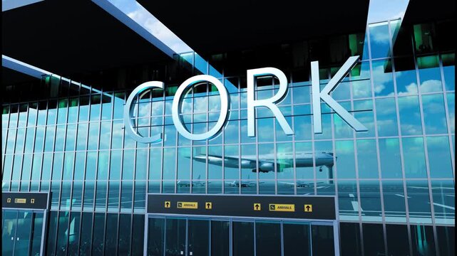 Airlane landing at Cork. Arrival in the city with reflection of airport and aircraft