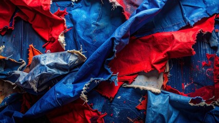 Tattered blue and red fabric fragments layered together.