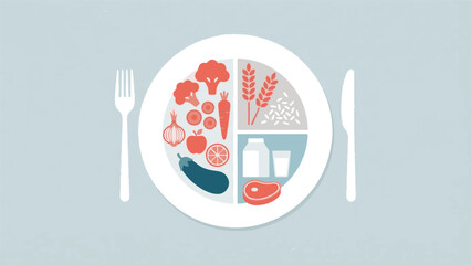 Balanced diet plate with essential food groups for healthy eating illustration
