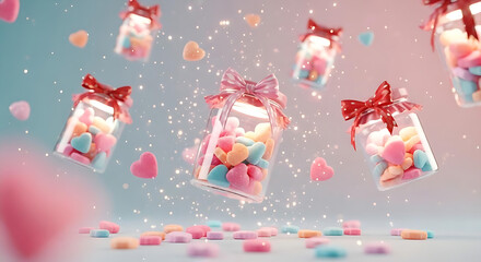 A whimsical scene of colorful candies and hearts floating in mid-air, surrounded by pastel hues and festive ribbons.