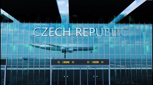 Airlane landing at Czech Republic. Arrival in the city with reflection of airport and aircraft