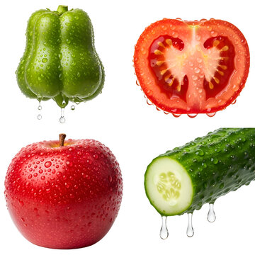 Fresh vegetables and fruits with water drops isolated on transparent background