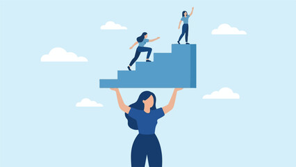 Woman holding up stairs for others to climb towards business success