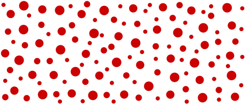 Abstract random dots texture featuring large and small red circles in a seamless pattern. Seamless polka dot background with scattered red dots.