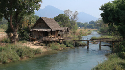 Obraz premium AI generator images of Traditional Asian wooden houses are built on stilts along rivers or streams. The raised construction serves to protect against floods and venomous animals.