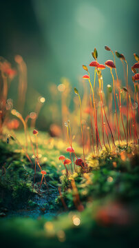 AI generator images of mushroom in the picture is likely Mycena acicula, commonly known as the Orange Bonnet. often found growing on dead branches and other decaying plants on the forest floor, 