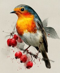 Watercolor robin perched on berry branch with red fruits and soft ink splashes, simple background illustration art Generative AI