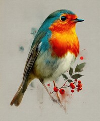 Colorful watercolor robin illustration with red berries and ink splashes on textured paper, minimal nature art zen Generative AI