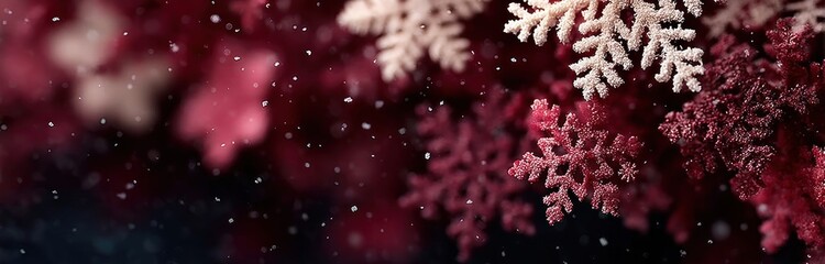 Frosted snowflake crystals on maroon leaves with falling snow dreamy winter macro background with soft bokeh light Generative AI