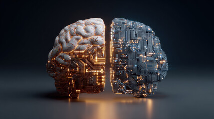 Human brain made of organic textures facing an AI brain of circuits and light, symbolic opposition