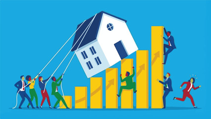 Teamwork stabilizing house on rising financial chart, real estate market