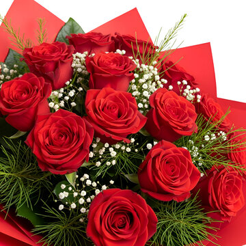 A beautiful bouquet of red roses with greenery and babys breath isolated on transparent background for valentines day or romantic occasions