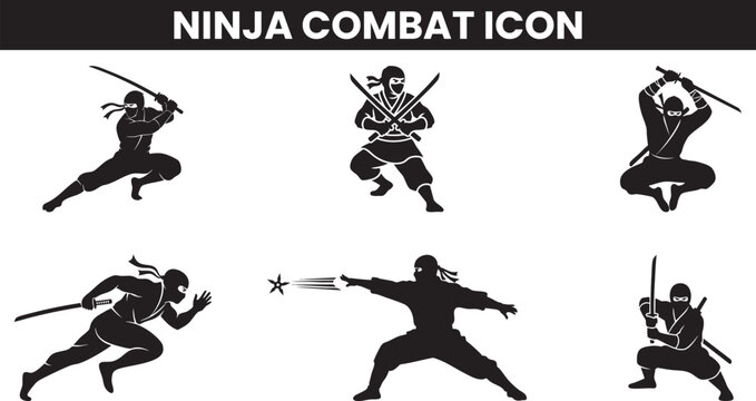 Silhouette ninja icons depicting action poses and combat readiness