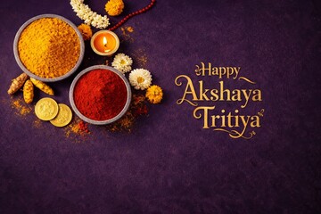 Akshaya Tritiya flat lay copy space haldi and kumkum powder with garland, diya and gold coins