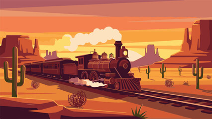 Vintage Steam Train Traversing a Vibrant Desert Landscape at Sunset © StockStudio
