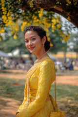 AI generator images of The outfit the model is wearing is an &Aacute;o d&agrave;i, the traditional Vietnamese national costume. It's similar to the Chinese qipao.